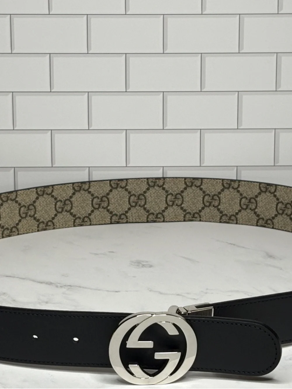 Gucci Beige GG Canvas Belt with Silver Double G Buckle